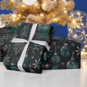 Kerst Ornamenten Lichten Bloemen Groene Kerst Cadeaupapier