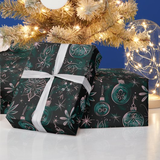 Kerst Ornamenten Lichten Bloemen Groene Kerst Cadeaupapier (Feestdagen)