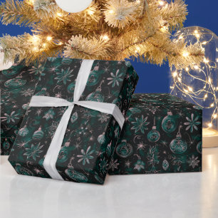 Kerst Ornamenten Lichten Bloemen Groene Kerst Cadeaupapier