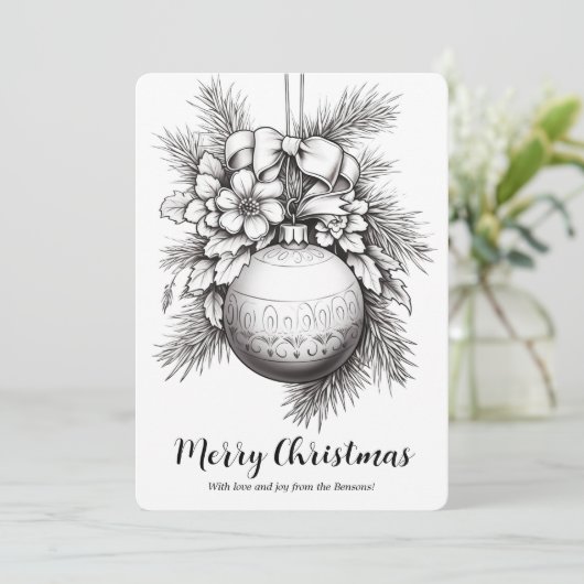 Kerst ornamenten lint pijnboombladeren kleuren feestdagenkaart (Staand voorkant)