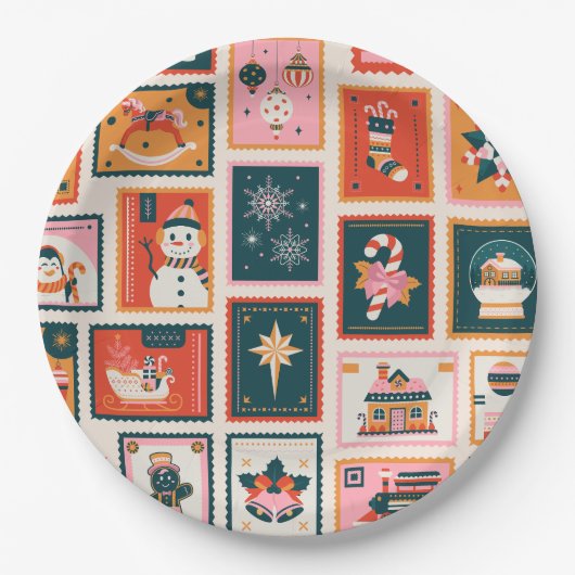 Kerst ornamenten postzegels papieren bordje (Voorkant)