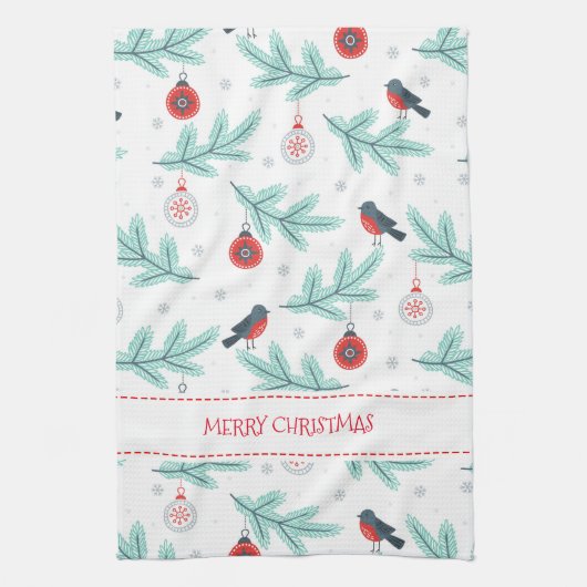 Kerst ornamenten vogels & winter bladeren patroon theedoek (Verticaal)