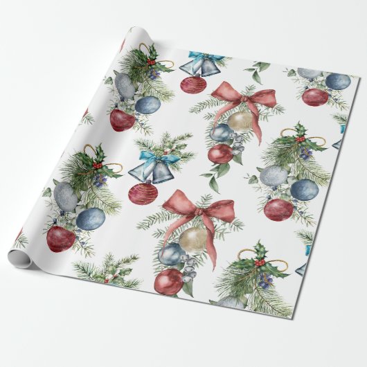 Kerst Ornamenten Waterverf Botanisch Cadeaupapier (Uitgerold)