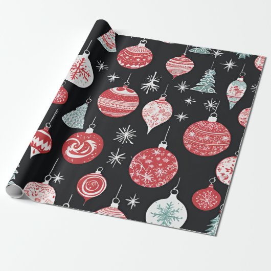 Kerst Ornamenten Zwart Cadeaupapier (Uitgerold)