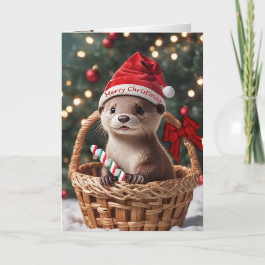 Kerst otter baby in een mand vakantie kaart (Voorkant)