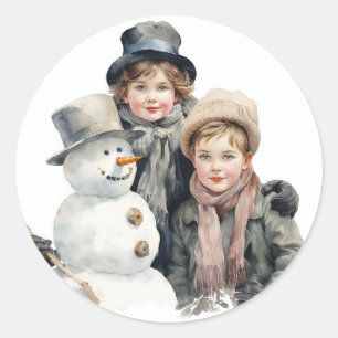 Kerst Oud-mode Kinderen Sneeuwman Waterverf Ronde Sticker