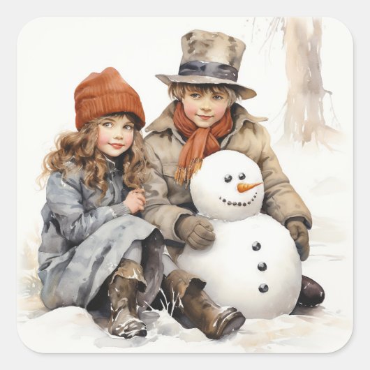 Kerst Oud-mode Kinderen Sneeuwman Waterverf Vierkante Sticker (Voorkant)