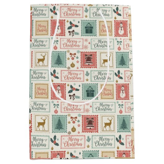 Kerst Oude Postzegel Patroon Medium Cadeauzakje (Voorkant)