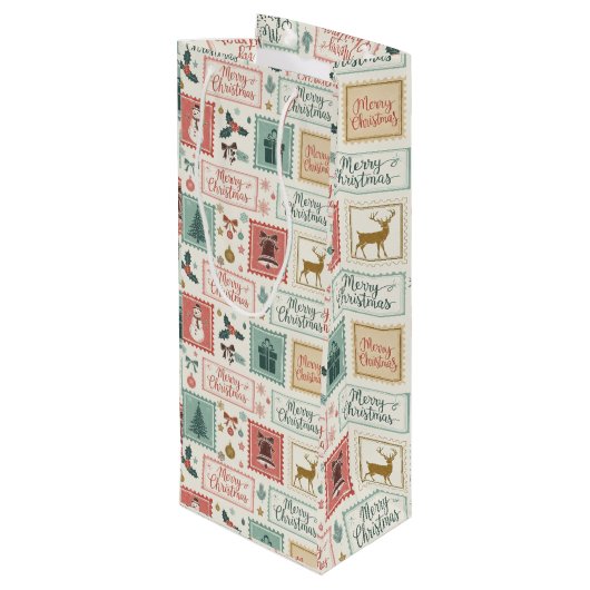 Kerst Oude Postzegel Patroon Wijn Cadeautas (Achterkant Gekanteld)