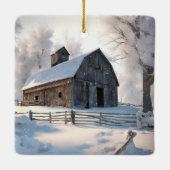 Kerst oude schuur in sneeuwvlokken keramisch ornament (Achterkant)