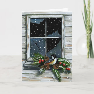 Kerst: Oude Schuur Raam: Vogel, Sneeuw: Kunst Feestdagen Kaart