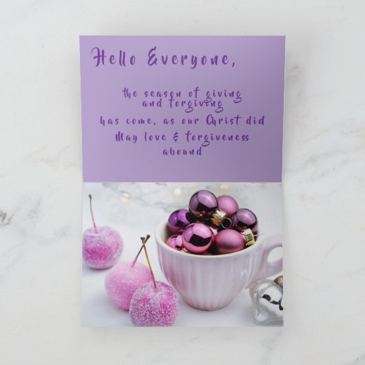 Kerst, Paarse balletjes en Ornamenten Groet Kaart (Binnen)