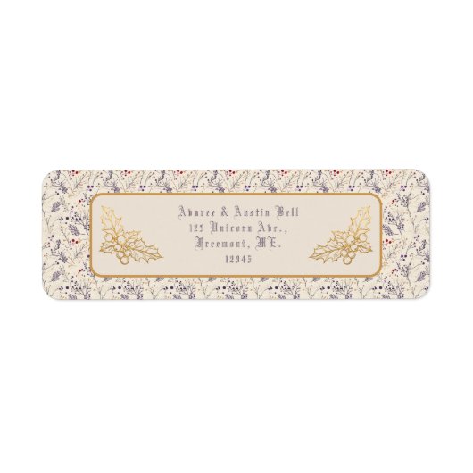 Kerst Paarse Bloemen Achtergrond Gold Holly Etiket (Voorkant)