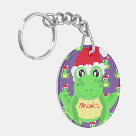 Kerst Paarse Kikker Santa Hoed Pattern Novelty Sleutelhanger (Voorkant Links)
