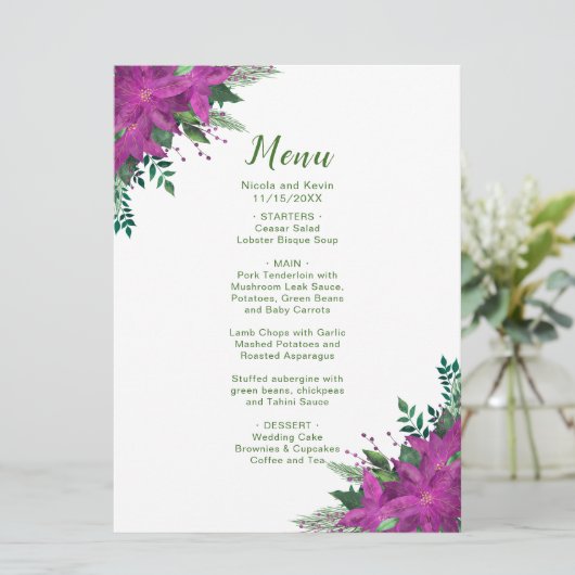 Kerst paarse Poinsettia Bloemen Trouwmenu Menu (Staand voorkant)