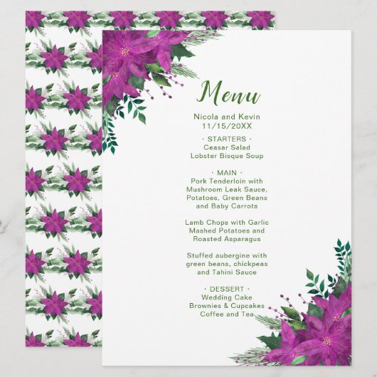 Kerst paarse Poinsettia Bloemen Trouwmenu Menu (Voorkant / Achterkant)