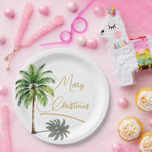 Kerst Palm Elegant Goud Vrolijk Papieren Bordje (Feest)