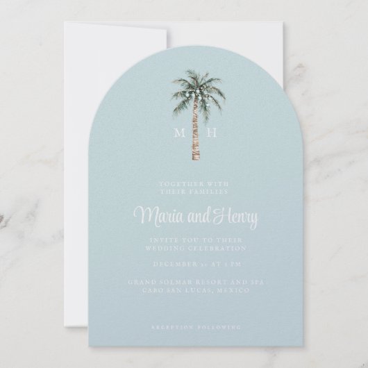Kerst Palm Tree Boog Strand Huwelijk Monogram Kaart (Voorkant)