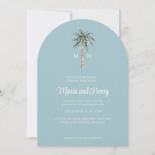 Kerst Palm Tree Boog Strand Huwelijk Monogram Kaart