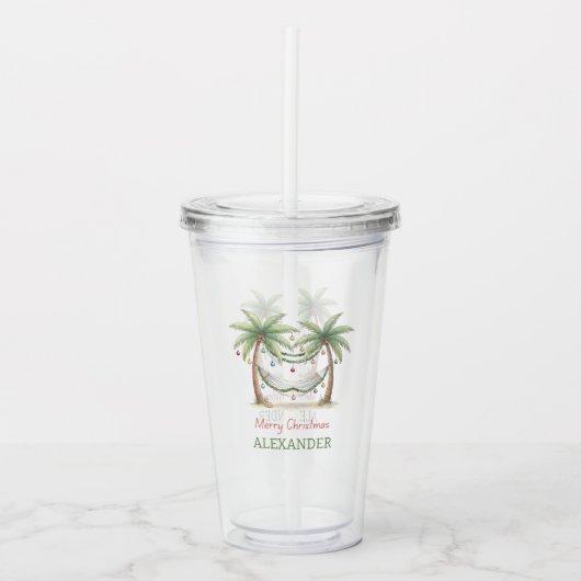 Kerst Palmboom Met Hangmat Aan De Kust Acryl Drinkbeker (Voorkant)