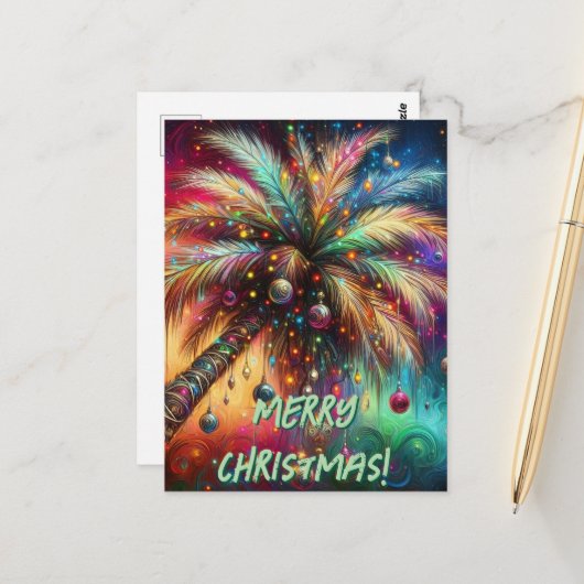 Kerst Palmboom Tropisch Strand Persoonlijk Briefkaart (Voorkant / Achterkant in situ)
