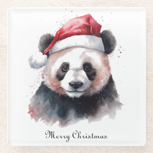 Kerst Panda, aanpasbaar Glazen Onderzetter (Voorkant)