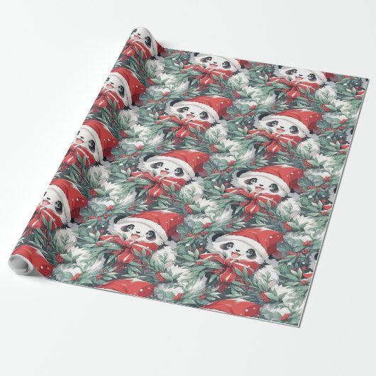 Kerst Panda Design Cadeaupapier (Uitgerold)