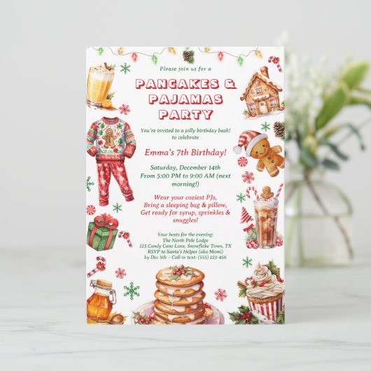 Kerst Pannenkoeken & Pyjama Verjaardagsfeest Kaart (Staand voorkant)