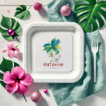 Kerst papier Borden Schattige tropisch strand Papieren Bordje<br><div class="desc">Zet de toon voor uw kerstfeest met deze feestelijke borden van kerstpapier met een handgeschilderd tropisch ontwerp! Een vrolijke kerstman staat onder een charmante palmboom op het strand, met de woorden "Merry Beach-mas" in speelse handgeschreven typografie. Deze aangepaste en gepersonaliseerde borden zijn ideaal voor een kerstfeest in juli of een...</div>