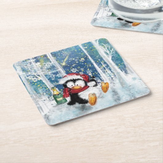 Kerst Papier Onderzetter met Happy Penguin (Schuin)
