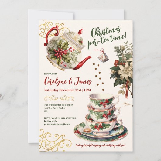 Kerst par-tea tijd! Uitnodiging voor kerstfeest (Voorkant)