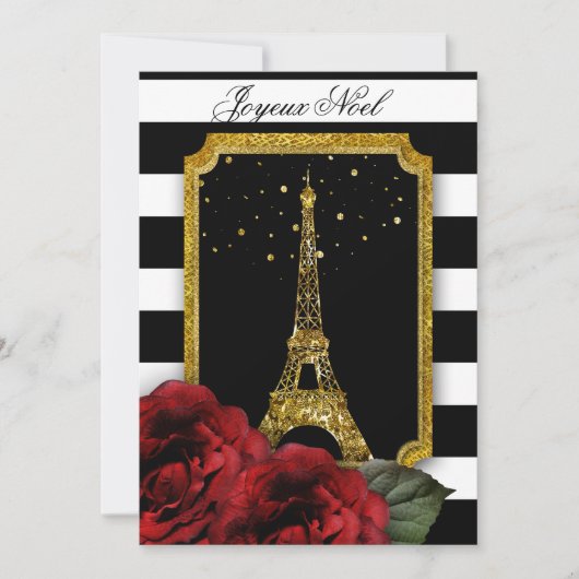 Kerst Parijs Roos Eiffeltoren White Stripe Kaart (Voorkant)