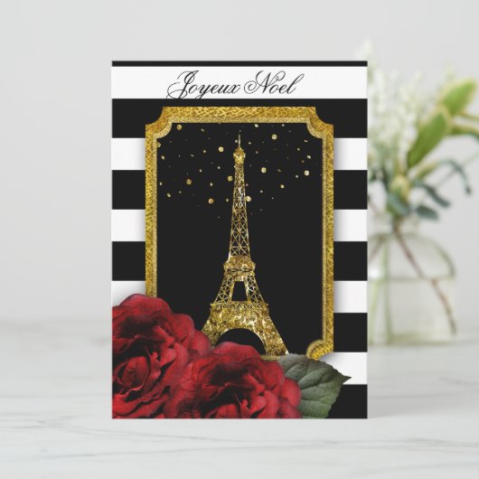 Kerst Parijs Roos Eiffeltoren White Stripe Kaart (Staand voorkant)