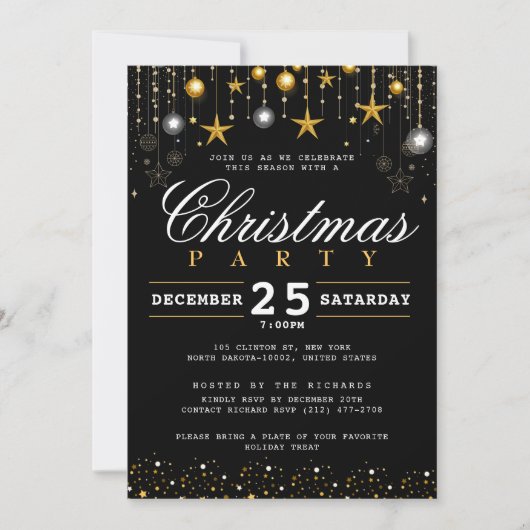 Kerst Party Elegant Zwart Goud Glitter Sterren Kaart (Voorkant)
