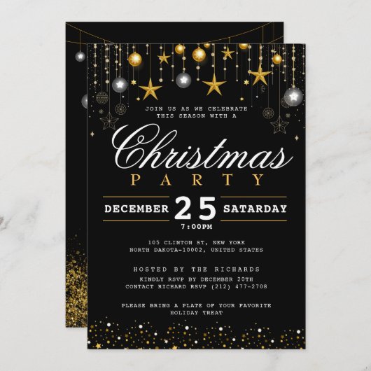 Kerst Party Elegant Zwart Goud Glitter Sterren Kaart (Voorkant / Achterkant)