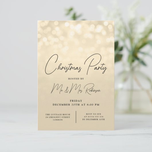 Kerst Party Glam Gold Lights Sparkle Invite Bedankkaart (Staand voorkant)