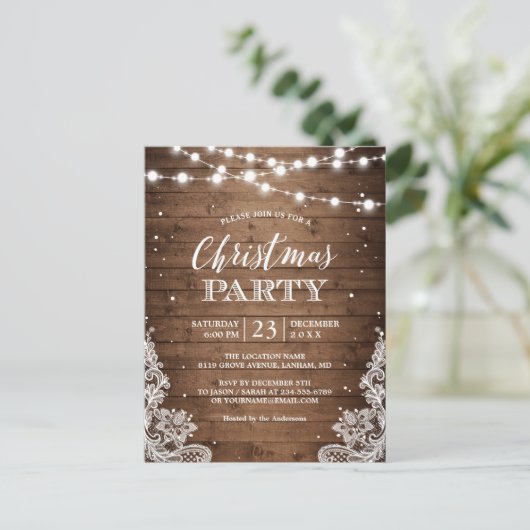 Kerst Party Rustieke Houten String Lights Kant Briefkaart (Staand voorkant)