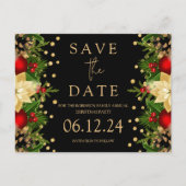 Kerst Party Save The Date Goud Bloemen Zwart Aankondigingskaart (Voorkant)