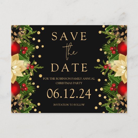 Kerst Party Save The Date Goud Bloemen Zwart Aankondigingskaart (Voorkant)