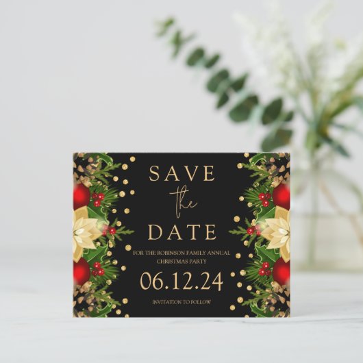 Kerst Party Save The Date Goud Bloemen Zwart Aankondigingskaart (Staand voorkant)
