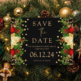 Kerst Party Save The Date Goud Bloemen Zwart Aankondigingskaart