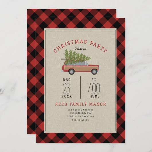 Kerst Party Wood Wagon Car Tree Plaid Kaart (Voorkant / Achterkant)