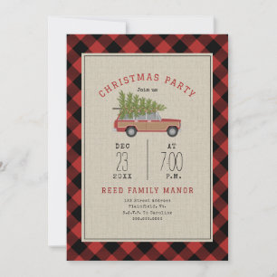 Kerst Party Wood Wagon Car Tree Plaid Kaart