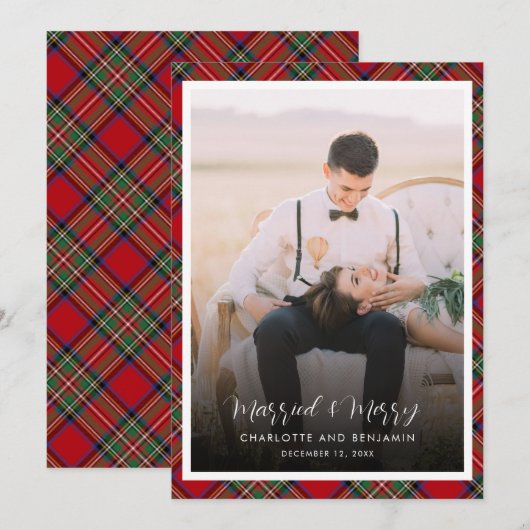 Kerst Pas getrouwd Foto Getrouwd en Merry Tartan Feestdagenkaart (Voorkant / Achterkant)