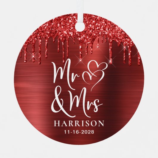 Kerst Pas getrouwd Rode Glitter Foto Metalen Ornament (Voorkant)