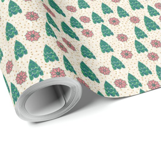 Kerst Patchwork Bomen en Poinsettias Cadeaupapier (Rol Hoek)