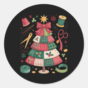 Kerst Patchwork Dekbed Boom Naaien Quilter Kerstmi Ronde Sticker