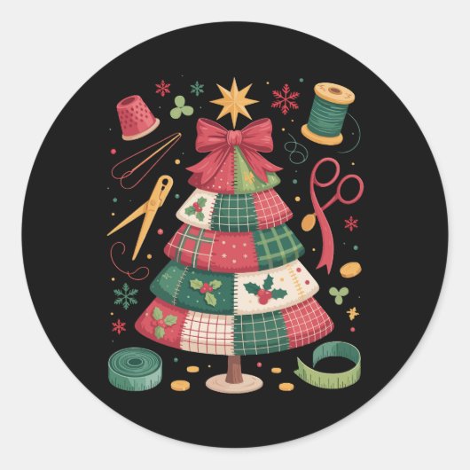 Kerst Patchwork Dekbed Boom Naaien Quilter Kerstmi Ronde Sticker (Voorkant)
