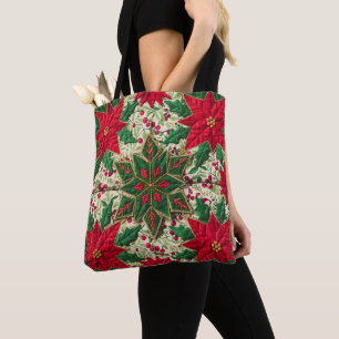 Kerst Patchwork Groene & Rode Bloemen Sneeuwvlok Tote Bag
