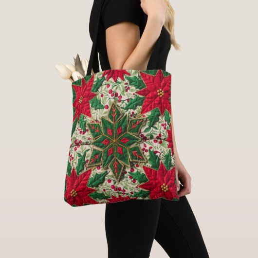 Kerst Patchwork Groene & Rode Bloemen Sneeuwvlok Tote Bag (Dichtbij)